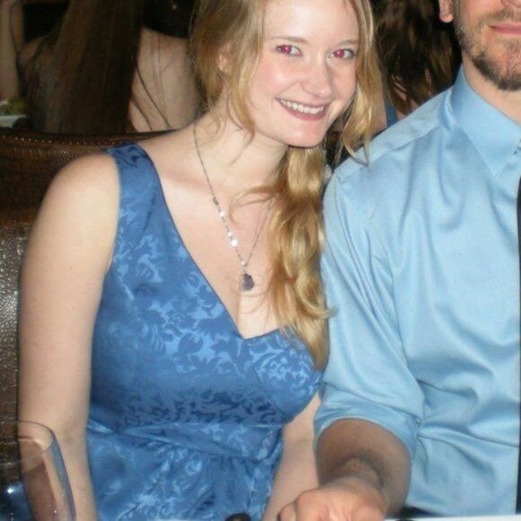 Blue One Shoulder Asymmetrical Brocade Dress M - Picture 6 of 7